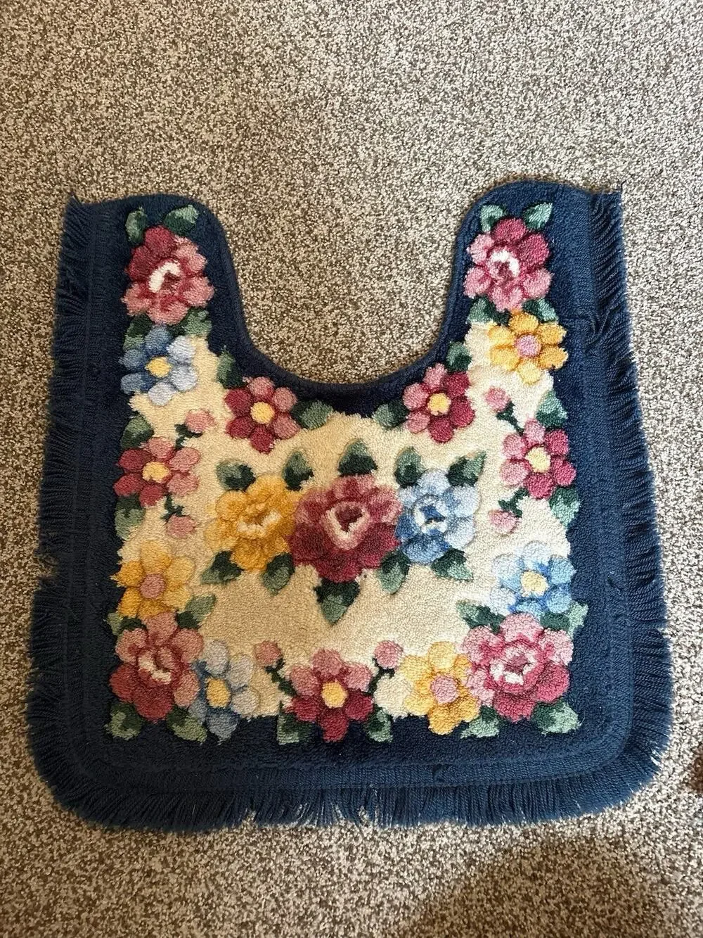 Vintage Navy Floral Contour Plush Rug Fringe Bathroom Toilet M Grannycore